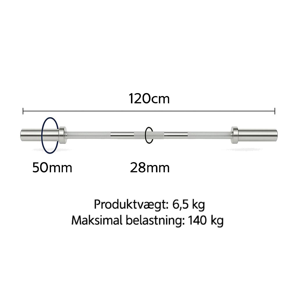 Vægtstang olympisk 120 cm Ø 50mm + 2x Fjederlåse